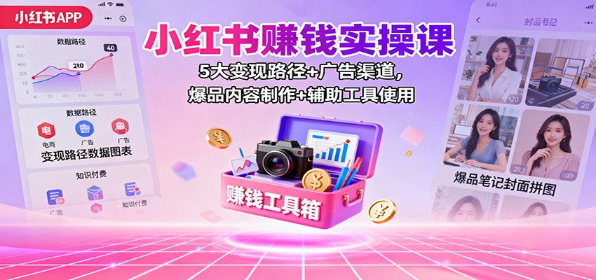 小红书赚钱实操课：5大变现路径+广告渠道，爆品内容制作+辅助工具使用-云网创