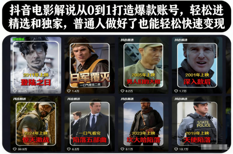 抖音电影解说从0到1打造爆款账号，轻松进精选和独家，普通人做好了也能轻松快速变现-云网创