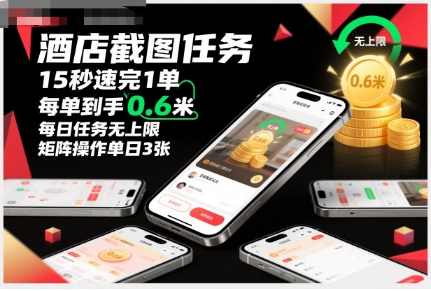 酒店截图任务，15秒速完1单，每单到手0.6米，每日任务无上限，全网首发玩法，矩阵操作单日3张【揭秘】-云网创