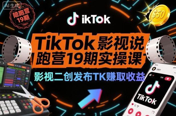 TikTok影视解说陪跑营19期实操课,影视二创发布TK賺取收益,万播收益50美金-云网创