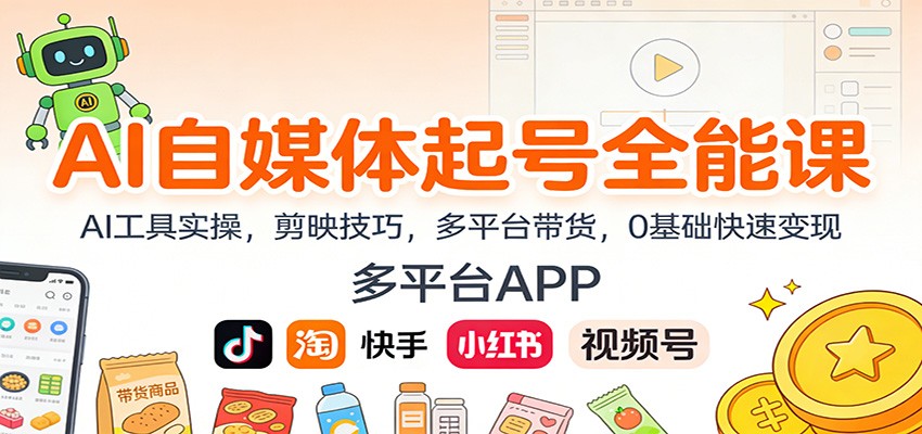 AI自媒体起号全能课：AI工具实操，剪映技巧，多平台带货，0基础快速变现-云网创