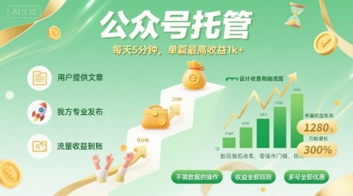 【公众号托管 】我提供文章,你发布,每天5分钟,单篇最高收益1k+【揭秘】-云网创