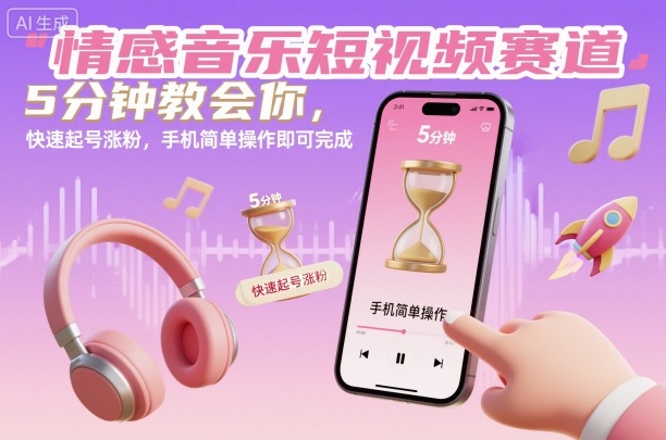 情感音乐短视频赛道,5分钟教会你,快速起号涨粉,手机简单操作即可完成-云网创
