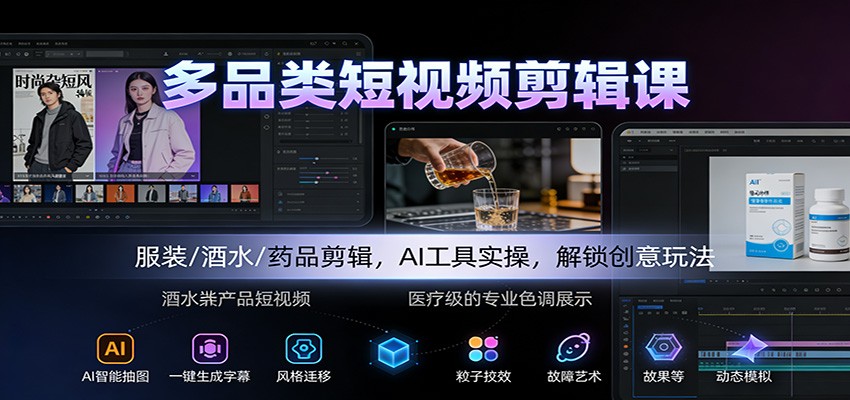 多品类短视频剪辑课：服装/酒水/药品剪辑，AI工具实操，解锁创意玩法-云网创
