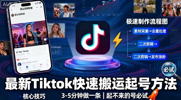 最新Tiktok快速搬运快速起号方法，3-5分钟做一条，起不来的号可以试试-云网创