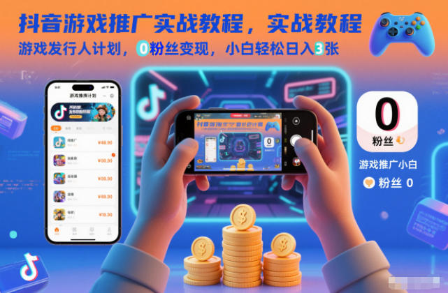 抖音游戏推广实战教程，游戏发行人计划，0粉丝变现，小白轻松日入3张-云网创