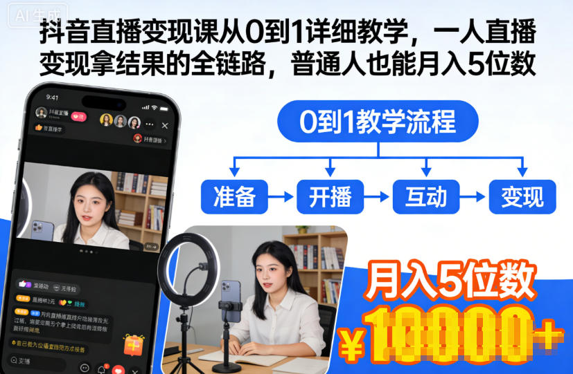 抖音直播变现课从0到1详细教学，一人直播变现拿结果的全链路，普通人也能月入5位数-云网创
