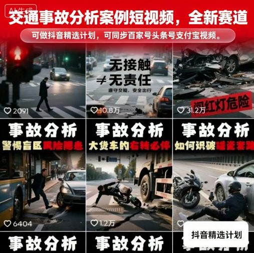 交通事故分析案例短视频,全新赛道,可做抖音精选计划,可同步百家号头条号支付宝视频号平台-云网创