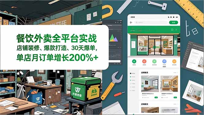 餐饮外卖全平台实战，店铺装修、爆款打造、30天爆单，手把手教学，单店月订单增长200%+-云网创