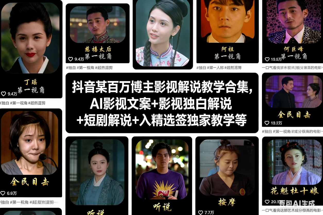 抖音某百万博主影视解说教学合集，AI影视文案+影视独白解说+短剧解说+入精选签独家教学等-云网创