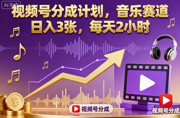 视频号分成计划,音乐赛道,日入3张,每天2小时-云网创