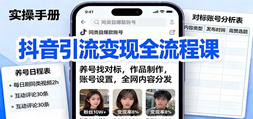 抖音引流变现全流程课：养号找对标，作品制作，账号设置，全网内容分发-云网创