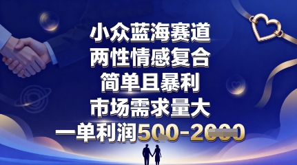 小众蓝海赛道，两性情感复合，简单且暴利，市场需求量大，一单利润5张，未来几年可持续深耕的项目-云网创