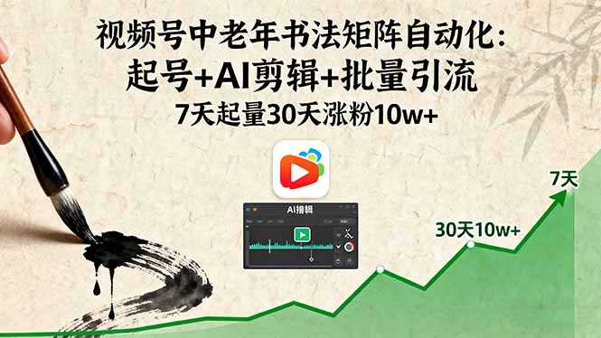 视频号中老年书法矩阵自动化:起号+AI剪辑+批量引流 7天起量30天涨粉10w+-云网创