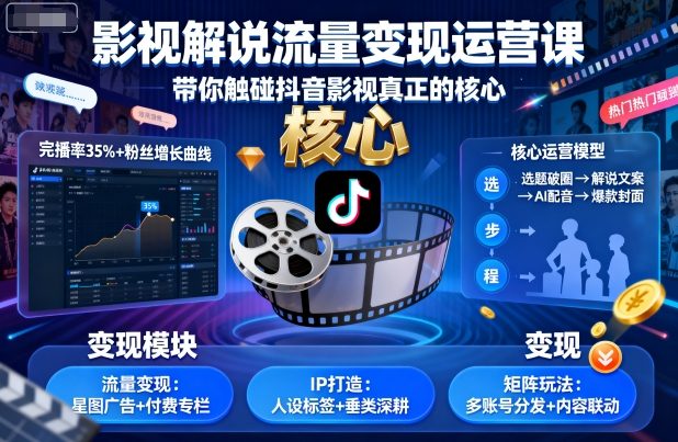 影视解说流量变现运营课,带你触碰抖音影视真正的核心-云网创