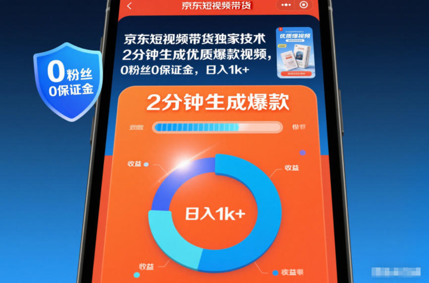 京东短视频带货独家技术，2分钟生成一条优质爆款视频，0粉丝0保证金，日入1k+【揭秘】-云网创