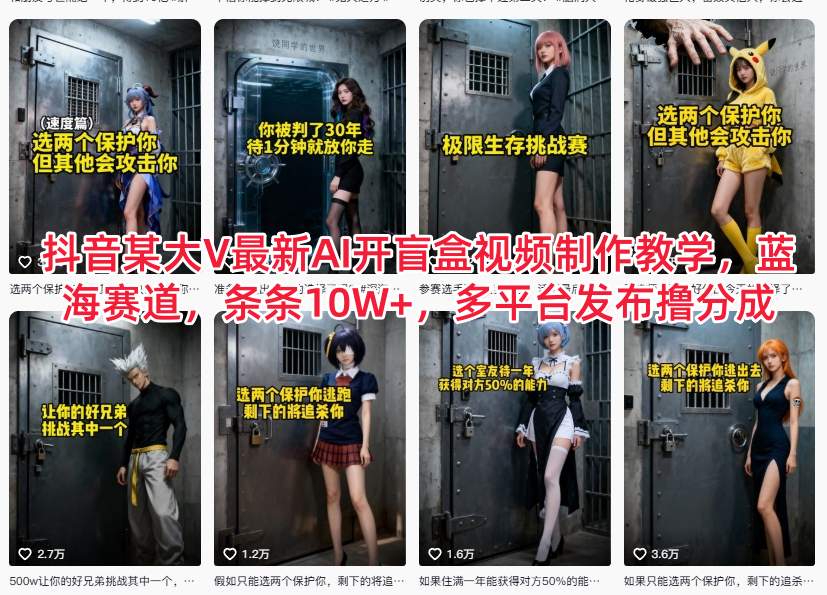 抖音某大V最新AI开盲盒视频制作教学，蓝海赛道，条条10W+，多平台发布撸分成-云网创