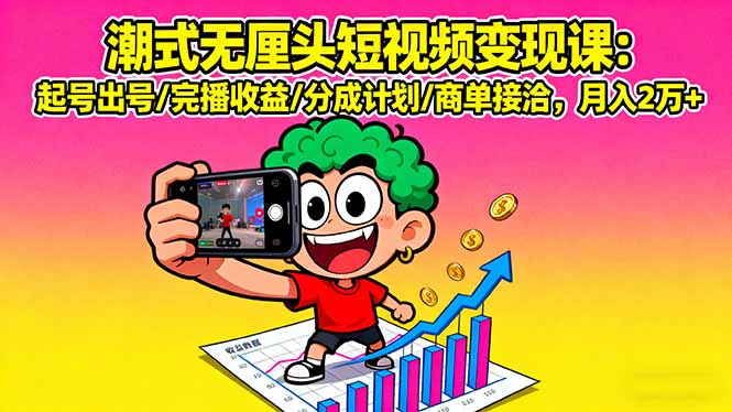 潮式无厘头短视频变现课:起号出号/完播收益/分成计划/商单接洽,月入2万+-云网创