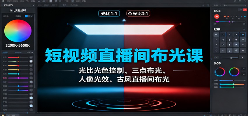 短视频直播间布光课:光比光色控制、三点布光、人像光效、古风直播间布光-云网创