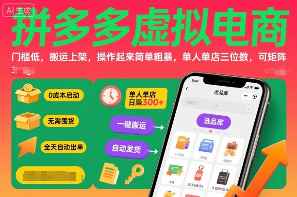 拼多多虚拟电商,门槛低,搬运上架,操作起来简单粗暴,单人单店三位数,可矩阵-云网创