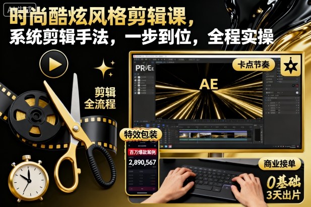 时尚酷炫风格剪辑课,系统剪辑手法,一步到位,全程实操-云网创