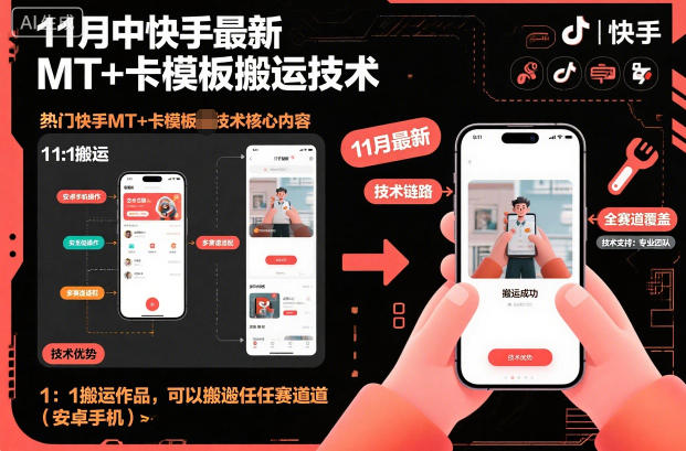 11月中快手最新MT+卡模板搬运技术，1：1搬运作品，可以搬运任何赛道(安卓手机)-云网创