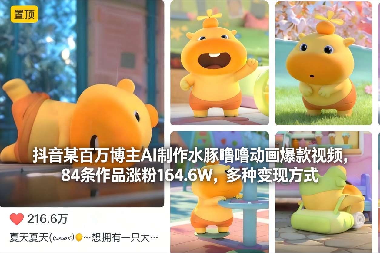 抖音某百万博主AI制作水豚噜噜动画爆款视频，84条作品涨粉164.6W，多种变现方式-云网创